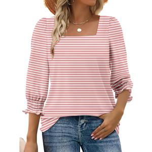 Women Dressy Shirt 3/4 Sleeve Blouse Casual 2025 Fall Fashion Top Square Neck Pleated Loose Fit Business Basic Top (Pink, S)
