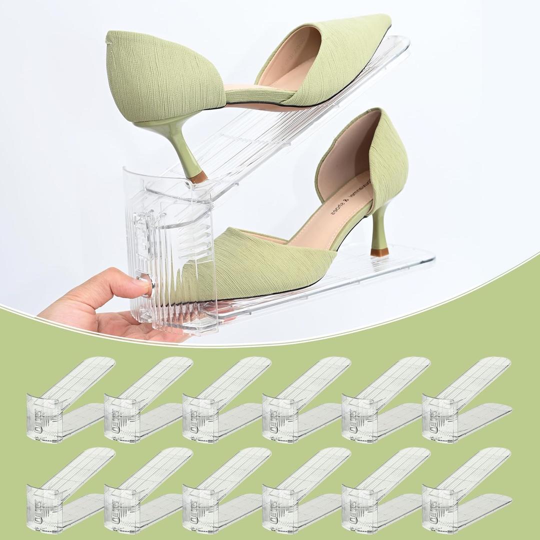 12-Pack Shoe Slots Organizer for Closet, Space Saving Shoe Stacker with Adjustable Height, Double Deck Shoe Storage for Small Spaces, Clear & Sturdy (Transparent)