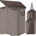 Lifewit Double Laundry Hamper with Lid and Removable Laundry Bags, Large Collapsible 2 Dividers Dirty Clothes Basket with Handles for Bedroom, Laundry Room, Closet, Bathroom, College, 136L Brown