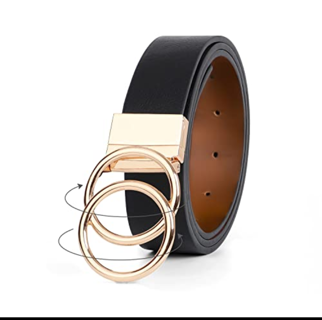JASGOOD Women Leather Belt, Reversible Belt, Leather Waist Belt for Jeans Dress with Gold Double O Ring Rotate Buckle