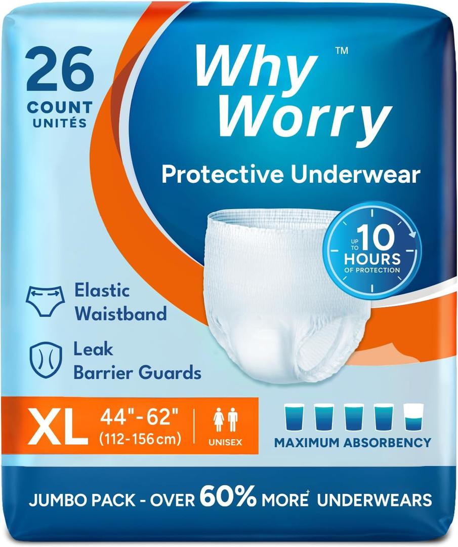 WhyWorry Incontinence Underwear for Women and Men, Disposable Adult Pull Ups with Overnight Absorbency, Leakproof, Unisex, XLarge, 104 Count (4 Packs of 26)