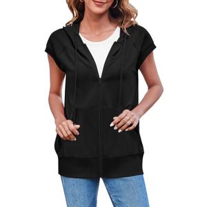 Fisoew Women's Sleeveless Zip Up Hoodies Casual Loose Fit Drawstring Sweatshirts Lightweight Jackets Vest with Pockets (X-Large, Black)
