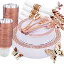 WELLIFE 350 PCS Rose Gold Disposable Dinnerware Set for 50 Guests, Disposable Rose Gold Lace Plates, Include:50 Dinner Plate, 50 Dessert Plates, 50 Pre Rolled Napkins with Silverware and 50 Cups