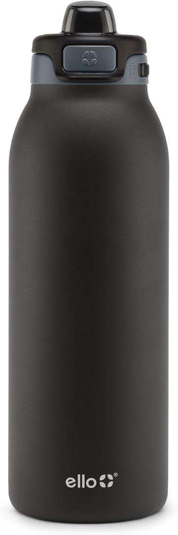 Ello Pop & Fill 40oz Stainless Steel Water Bottle with Quick Fill Technology, Double Walled and Vacuum Insulated Metal, Leak Proof Locking Lid, Sip and Chug, Reusable, BPA Free, Tonal Black