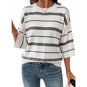 Dokotoo Womens Sweaters Spring Summer Oversized 3/4 Sleeve Striped Crewneck Casual Lightweight Knit Pullover Sweater Tops, XL