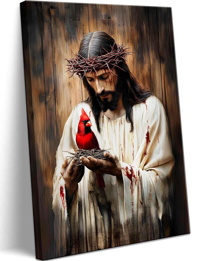 Jesus and Cardinal Canvas Wall Art Jesus Saves Cardinalis Painting Decor Picture Christian God Thorns Red Birds Posters Prints for Dining Living Prayer Room Kitchen Church Wall Bedroom Decoration 10"L x 8"W