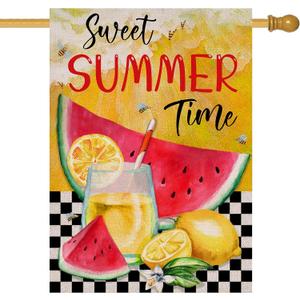 Home Decorative Sweet Summer Time Watermelon House Flag, Lemon Garden Yard Bee Lemonade Outside Decoration, Seasonal Buffalo Plaid Check Farmhouse Outdoor Large Burlap Decor Double Sided 28x40