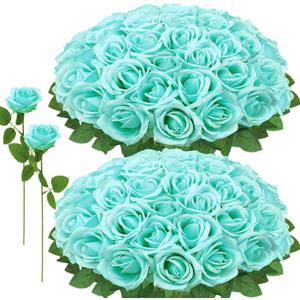 72 Pcs Artificial Roses Turquoise Fake Silk Roses Realistic Roses Faux Flower Indoor Wedding Home Decor, Birthday Decorations