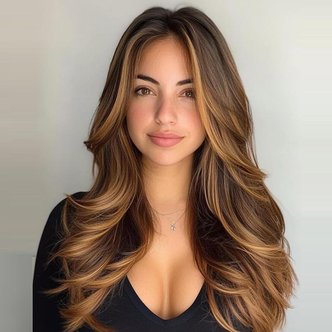 Aisaide Highlight Honey Brown Long Wavy Wig Layered with Curtain Bangs for Black Women Synthetic Highlight Brown Layered Wig Long Wavy Blonde Shaggy for Women 24inch