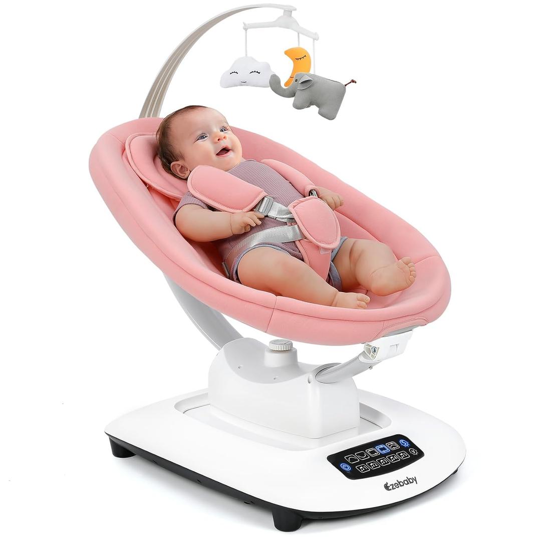 Baby Swing for Infants and Newborns with 5 Unique Motions, Adjustable Speed and Positions, Lullabies, Infant Swing with 5-Point Harness, Baby Swing for Newborn Babies 0-9 Months Pink