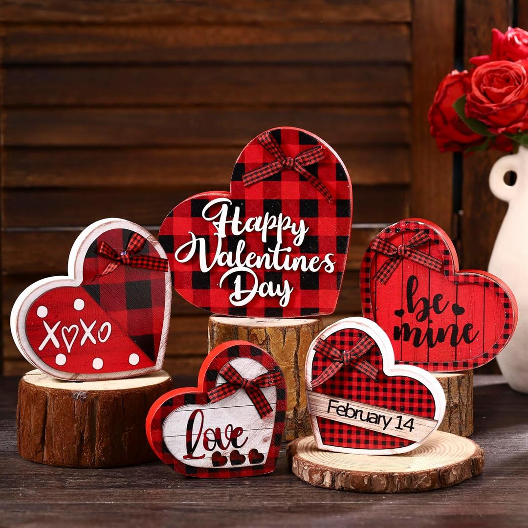 Cinnvoice 5 Pcs Valentines Table Decorations Wooden Sign Love Heart Red Buffalo Plaid Tabletop Centerpiece Red White Conversation Hearts Decor for Valentines Day Anniversary Couple