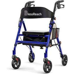 BlessReach Lightweight Foldable Rollator Walker with Seat for Seniors, Blue
