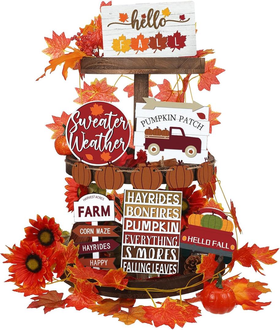 Jetec 12 Pcs Thanksgiving Tiered Tray Decor Pumpkin Maple Leaf Table Centerpieces Decorations Farmhouse Truck Wooden Sign Decor for Autumn Harvest Home Kitchen Supplies