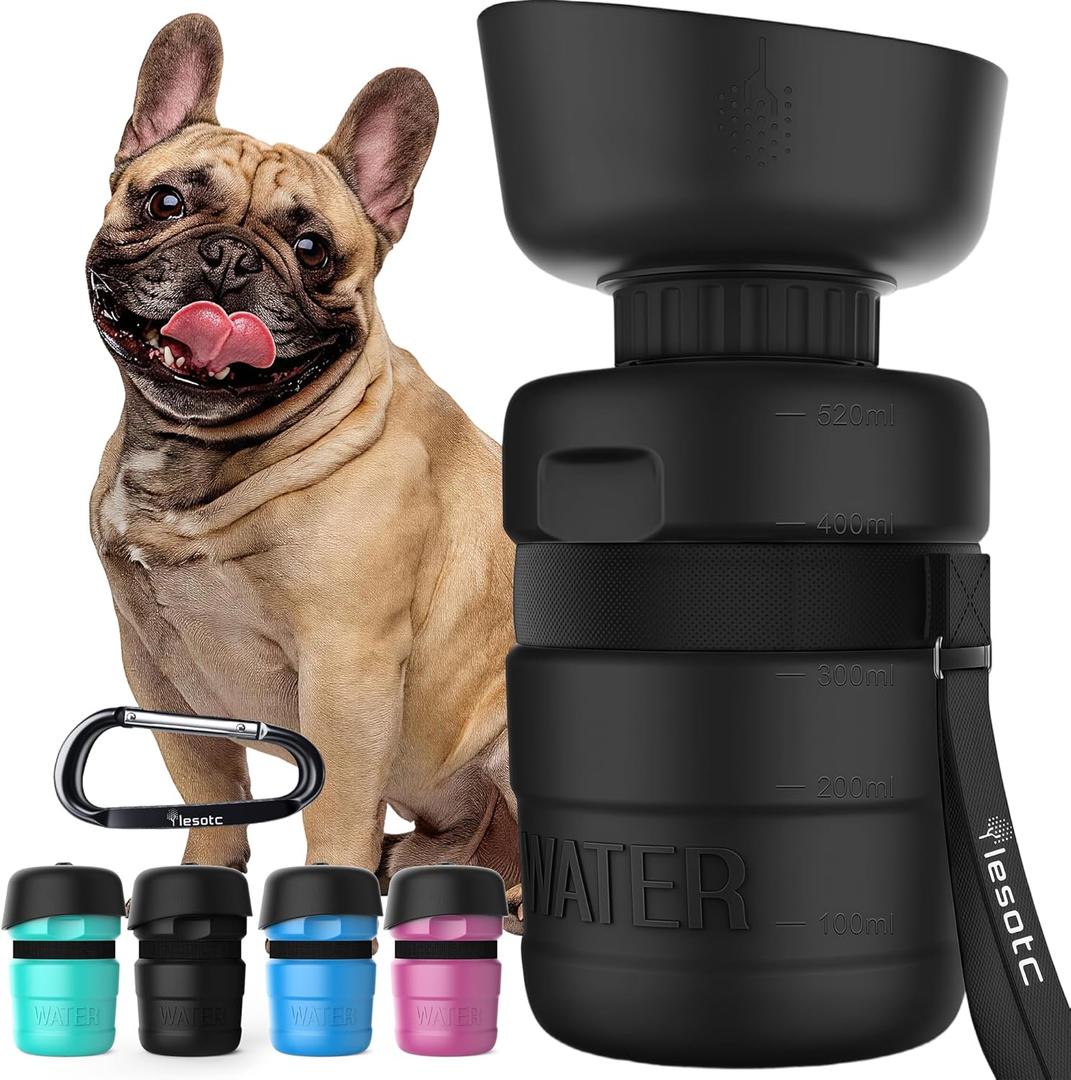 Lesotc Dog Water Bottle, Portable Water Dispenser with Travel Water Bowl, Leak Proof Pet Travel Squeeze Bottle, Puppy Essentials Dog Stuff Accessories for Outdoor Walking, Hiking, Camping (18 Ounces, Black)