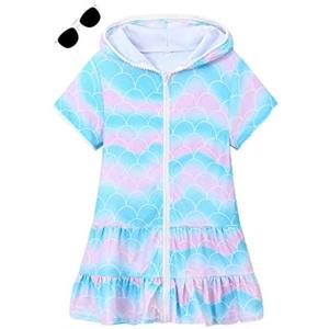 LUCKYGAL Girls Swim Cover Up Kids Swimsuit Coverup Terry Zip-Up Beach Bathing Suit Wraps with Sunglasses, Size 6