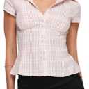 Women's Plaid Shirt Button-up Short Sleeve Collared Slim Fit Casual Summer Blouse Tops (Pink, Small)
