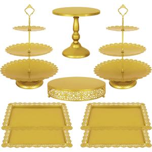 Fivenl 8 Pcs Cake Stand Gold Metal Dessert Table Display Set, 3-Tier Cupcake Stand, Cake Display Tower and Cookie Tray Rack Serving Tray for Birthday Party, Weddings, Baby Shower (Gold)