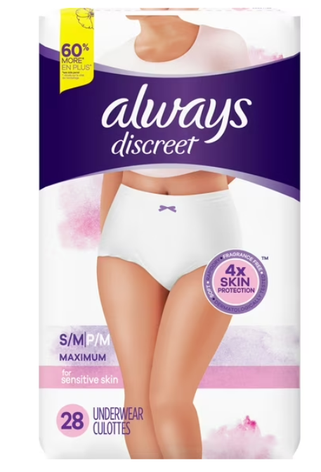 Always Discreet for Sensitive Skin Underwear, Four Times Skin Protection, Dermatologically Tested, FragranceFree, Maximum Absorbency, Small/Medium, 28 Count