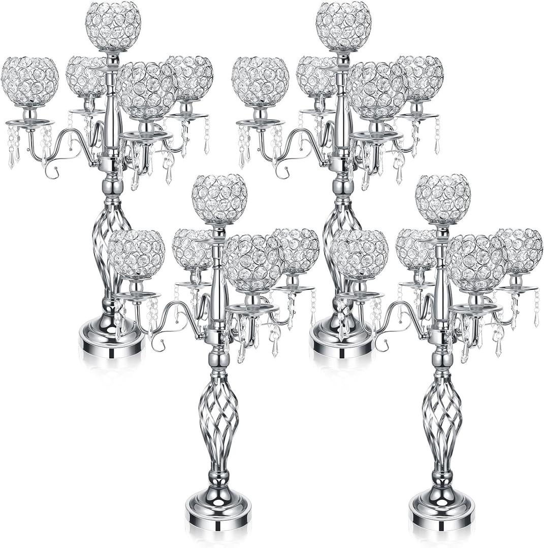 Nitial 4 Pcs 5 Arm Crystal Candelabras Centerpieces 27 Inch,Silver