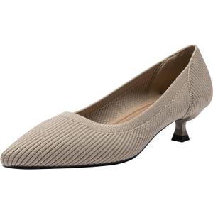 Youngshow Women's Pumps Kitten Heels Pointed Toe Knit Slip On Comfortable Casual Formal Dress Shoes (7.5, Beige)