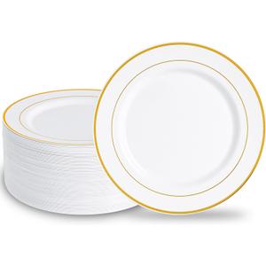 N9R 100 PCS Heavy Duty Gold Dinner Plastic Plates, 10.25 inch White Disposable Plate with Gold Rim, Plates for Party Wedding and Birthday