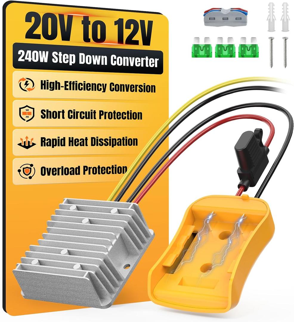 20V to 12V Step Down Converter Compatible with DeWalt 20V Battery, DC Voltage Regulator 12V 20A 240W Automatic Buck Converter with 30A Fuse & Wire Terminal