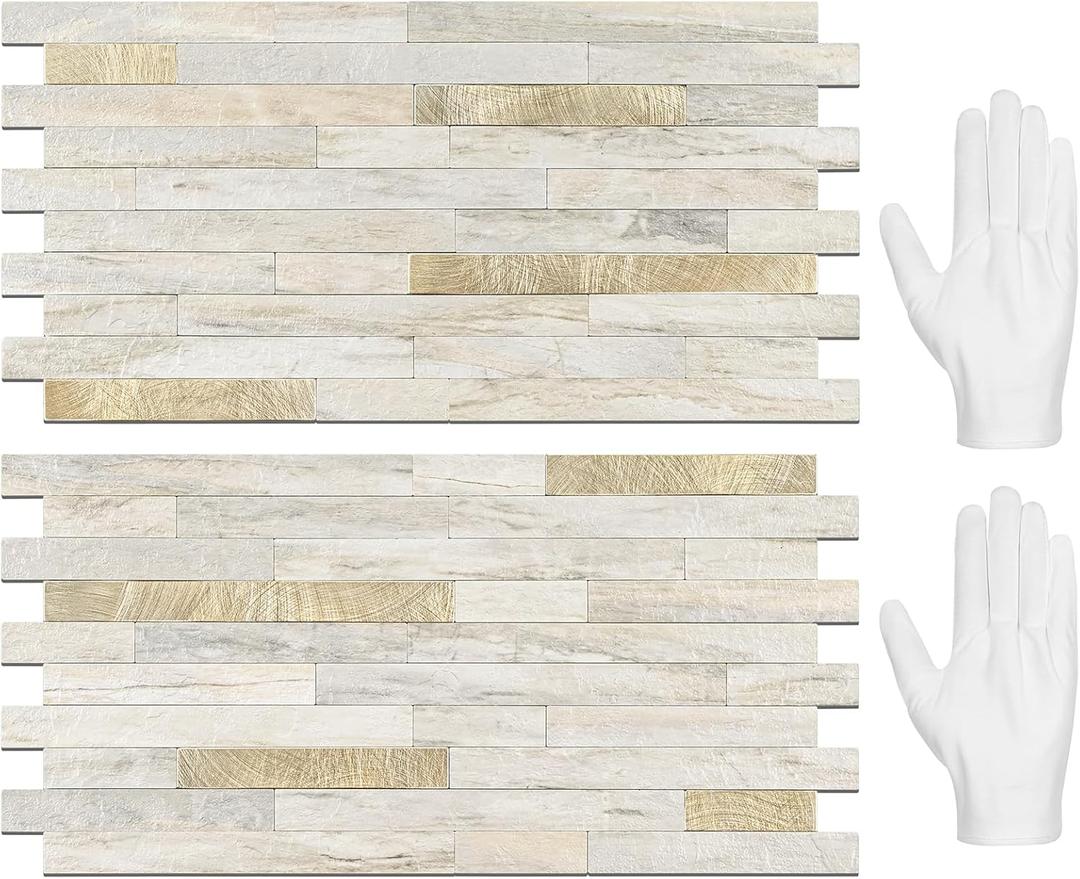 STICKGOO 20 Sheets Peel and Stick Backsplash Tile, Stick on Backsplash for Kitchen and Bathroom, Sunny Beige Look PVC Mixed Metal Gold Self Adhesive Wall Tiles