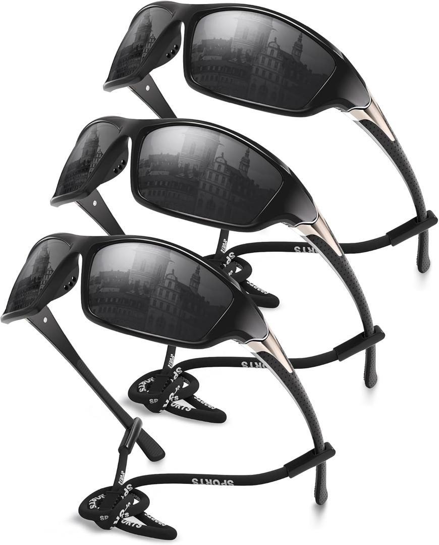 3 Pack Polarized Sports Sunglasses for Men, Mens Sunglasses Wrap Around UV Protection for Cycling Fishing Driving (A04-gray/Gray/Gray)