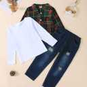Renotemy Toddler Boy Clothes Fall Winter Outfits 3Pcs Fashion Flannel Shirts Ripped Jeans Pants Kids Boys Clothing Sets (6-7 Years, Dark Green)