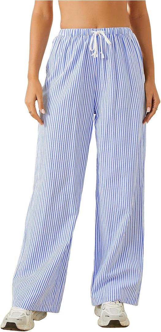 Women's Striped Print Straight Wide Leg Linen Pants Drawstring Waist Slant Pockets Pants Casual Long Pants (Blue, XL)
