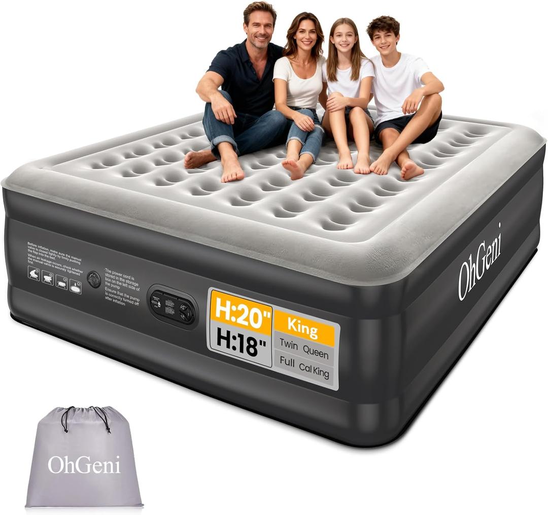 OhGeni 20" Raised King Air Mattress with Built in Pump, Luxury Real Bed Height Blow up Mattress, 3-4 Persons Inflatable Mattress for Guests & Family Party, Ideal for Elder People, 700lbs