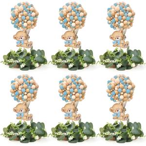 6 Set Baby Shower Bear Table Centerpieces Decortion Blue Bear with Eucalyptus Wreath Wood Slices Welcome Baby Table Toppers for Gender Reveal It's A Boy Party Favors