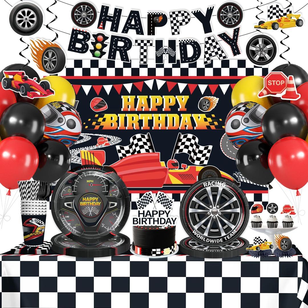 218Pcs Race Car Birthday Party Decorations Tableware Set Serve 25, All-in-1 Cars Birthday Decorations Includes Backdrop Banner Plates Tablecloths Cake Topper Balloons for Race Car Themed Party