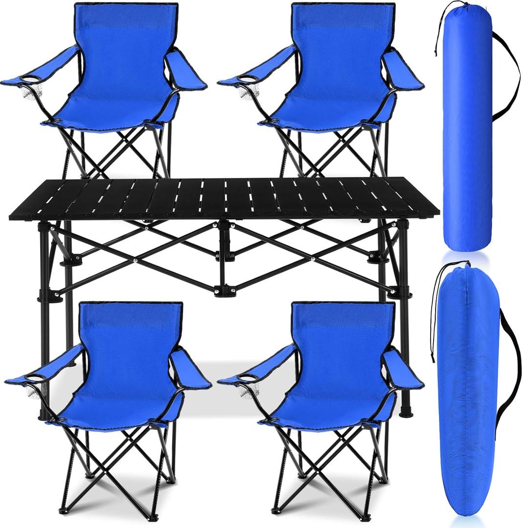 5 Pcs Summer Portable Camping Chair and Folding Camping Table Set Outdoor Oxford Fabric Folding Chair Lawn Portable Camp Table with Cup Holder Carry Bag for Travel Fishing Sport(Blue)