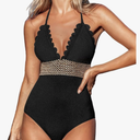CUPSHE Women's One Piece Swimsuit Halter Back Tie Scalloped V Neck Textured Contrast Stitching, M