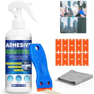 Adhesive Remover, 300ml Sticker Remover Spray with Plastic Scraper, Glue Remover for Windows, Glass, Plastic, Carpet, Rapidly Removes Stickers, Glue, Tape, Residue, Labels Remover, Car Sticker Remover