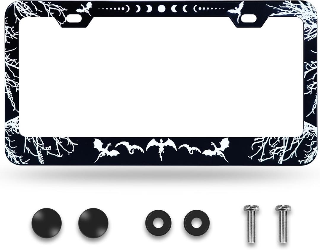 Dragons Pattern Black License Plate Frame, 1 Pack Universal Rust-Proof Aluminum Alloy Car License Plate Frame Holder, Front Rear License Plate Cover Car Tag Frame with Screw Caps (2 Hole) (Animal)