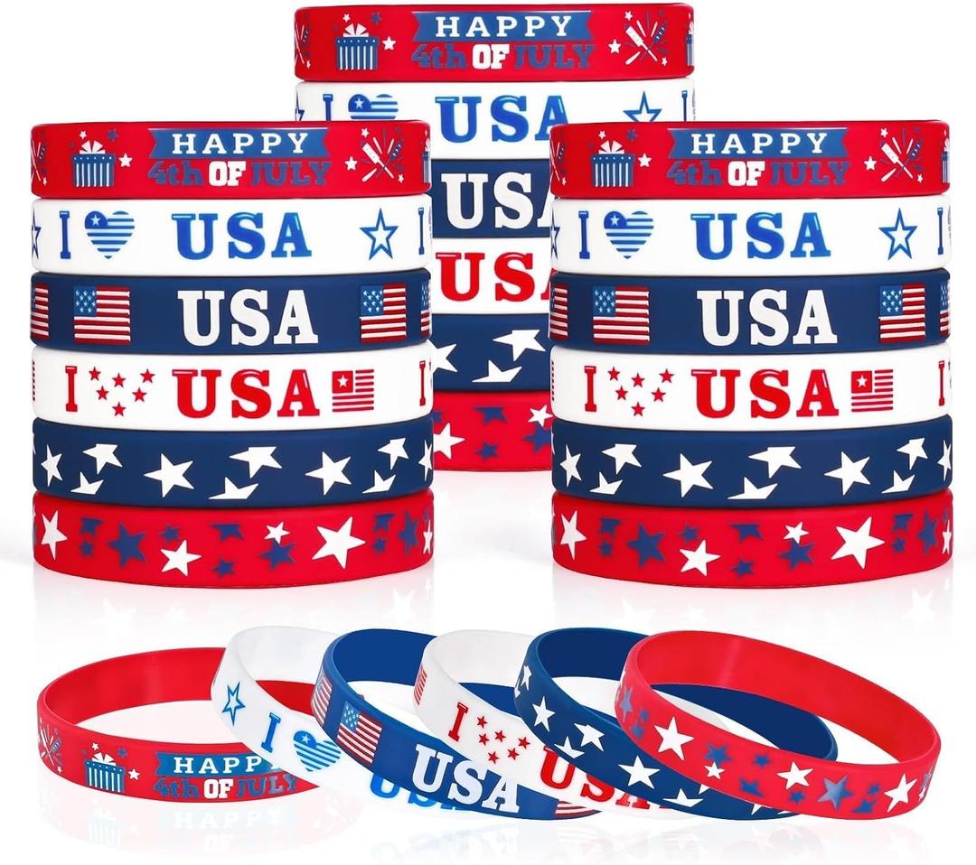 4th of July Party Favors Rubber Bracelets 30PCS Fourth of July Gifts Kid
Red White and Blue American Flag Silicone Wristbands Kids Independence Day Accessories Patriotic Bracelet Classroom Prizes