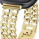 JR.DM Gold Watch Bands for Women Compatible with Fitbit Versa 4/Versa 3/Fitbit Sense 2/Sense Band Adjustable Metal Strap Cowboy Steel Chain Bracelet