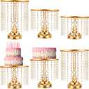 Bokon 6 Pcs Crystal Gold Cake Stand Round Dessert Cupcake Holder Metal Stand Table Cake Pedestal with Crystal Pendant and Wedding Bead Dessert Cupcake Pastry Display Plate for Wedding Birthday Party