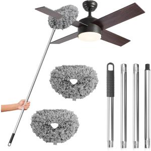 DRQ Ceiling Fan Cleaner Duster, 2 Pack Reusable Microfiber Duster with Extension Pole, 13 to 48 Inch Fan Blade Cleaner, Removable Dusters for Cleaning Walls Bookshelves Door Window Top (Grey) 