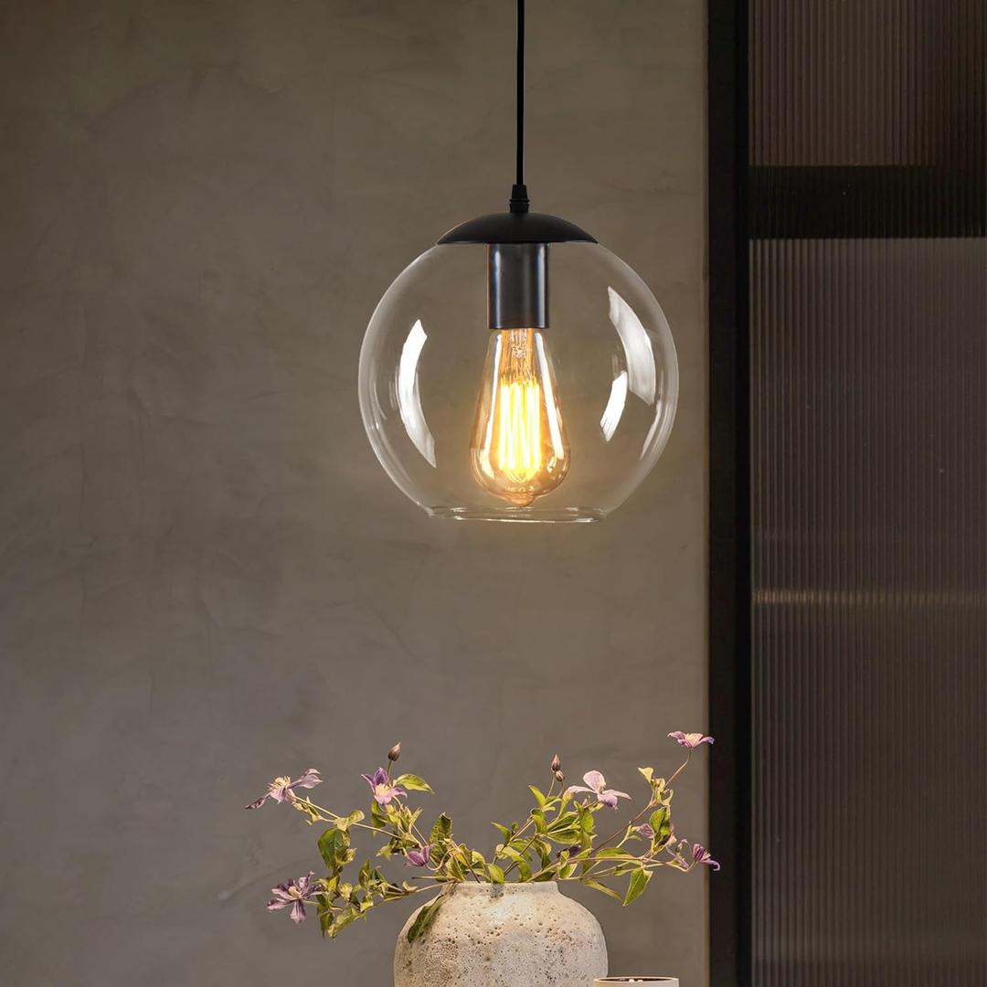 Globe Pendant Light, Modern Hanging Lighting Fixture, Classic Cluster Chandelier with Clear Glass Shades(Black, 1 Lights, 4.7 Inch)