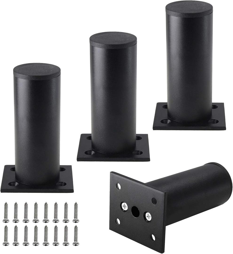 Set of 4 Furniture Legs 4 Inch, Adjustable Aluminum Alloy Cabinet Legs, Metal Round Sofa Support Foot, Adjustable Feet for Kitchen, Table, Cabinet, Shelves, 1.5 Inch Diameter (Black)