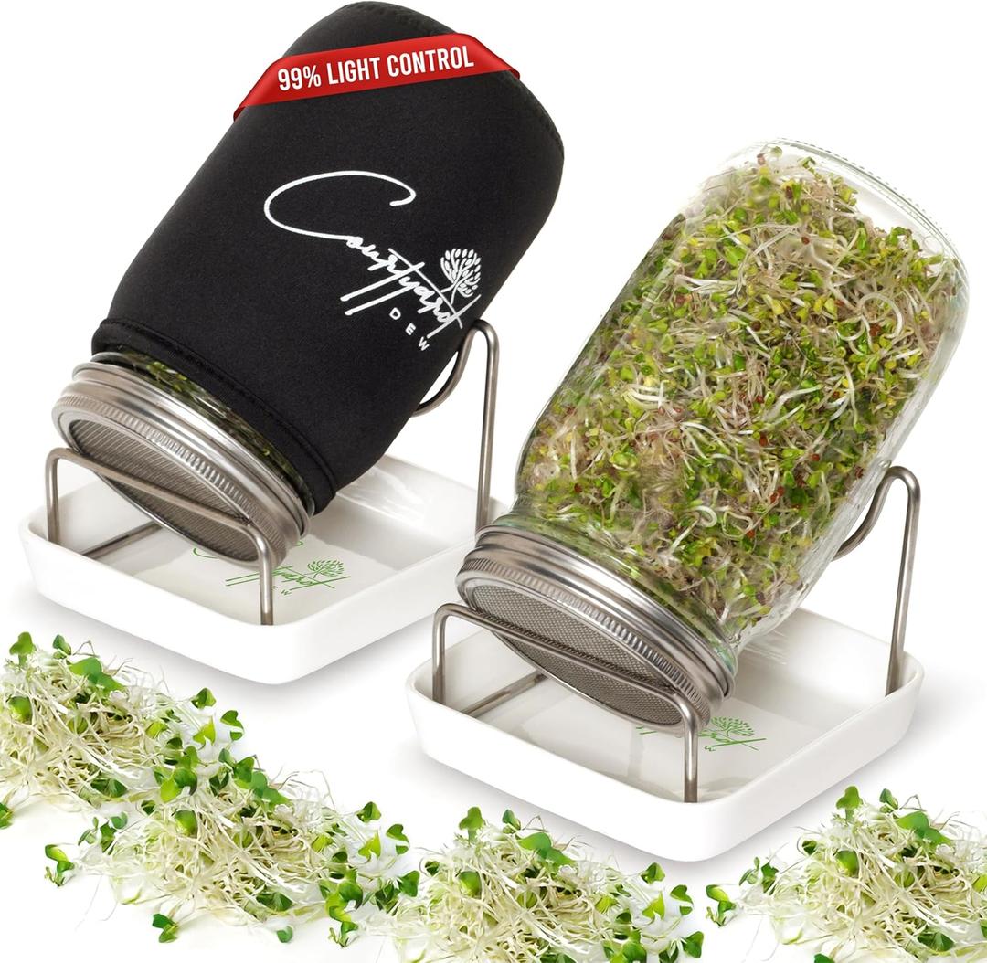 Sprout Growing Kit  Green Onion Regrower, 2 Wide-Mouth Mason Jars with Screen Lids, Blackout Sleeves & Ceramic Tray  Easy Microgreens Growing Kit for Alfalfa, Broccoli, Mung Beans