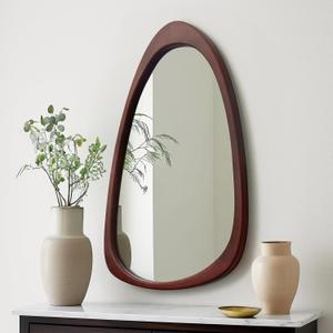 sawsile Irregular Wall Mirror for Bathroom,Wood Asymmetrical Rustic 19.5 x 30.5 inch Farmhouse Vanity Unique Walnut Decorative Large Mirror for Entryway,Bedroom,Living Room,Washroom