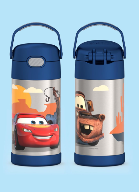 THERMOS FUNTAINER Water Bottle with Straw - 12 Ounce - Kids Stainless Steel Vacuum Insulated Water Bottle with Lid, Cars