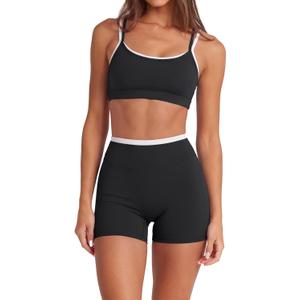 SUUKSESS Women 2 Pieces Workout Sets Padded Spaghetti Straps Camis High Waist Biker Shorts (Black, M)