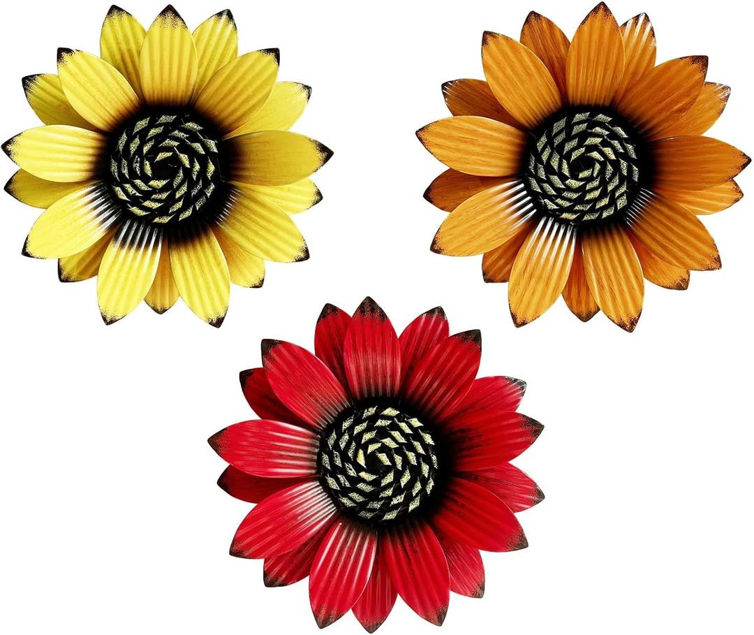 Sunflower Outdoor Metal Wall Art - 3Pack 9" Metal Flowers Wall Decor for Porch, Garden, Yard - Weather-Resistant Indoor Floral Wall Art - Durable Outdoor Wall Decor (yellowredorange)