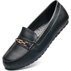 DeYashopin Women's Loafer Shoes Leisure Slip On Work Shoes Comfort Walking Flats (8.5 Wide, Black Leather)
