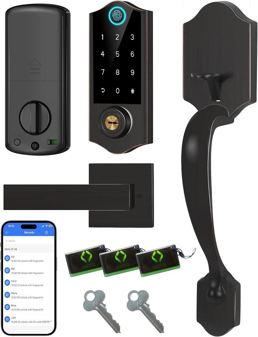 Harfo Fingerprint Smart Door Lock for Front Door with Handle Set, App Control, Keyless Entry Keyless Deadbolt, Digital Electronic Touchscreen Keypad, Auto Lock, Aged Bronze